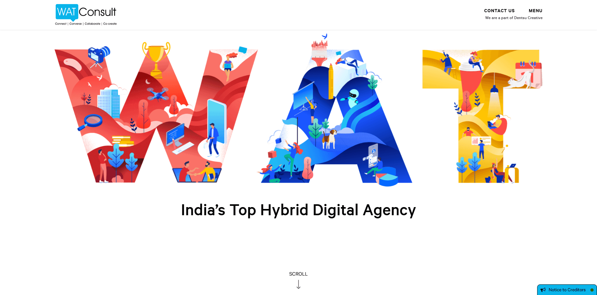 Homepage of WATConsult, featured among the Top 10 Digital Marketing Agencies in India, showcasing a vibrant illustration and branding as India’s top hybrid digital agency.