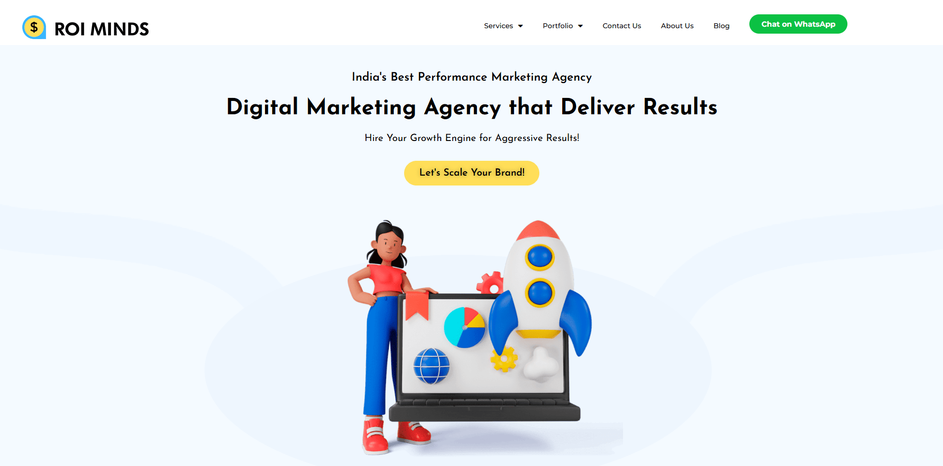 Homepage of ROI Minds, a digital marketing agency in India, featuring a 3D character and rocket illustration with the tagline "Digital Marketing Agency that Deliver Results" and a CTA button that says “Let’s Scale Your Brand