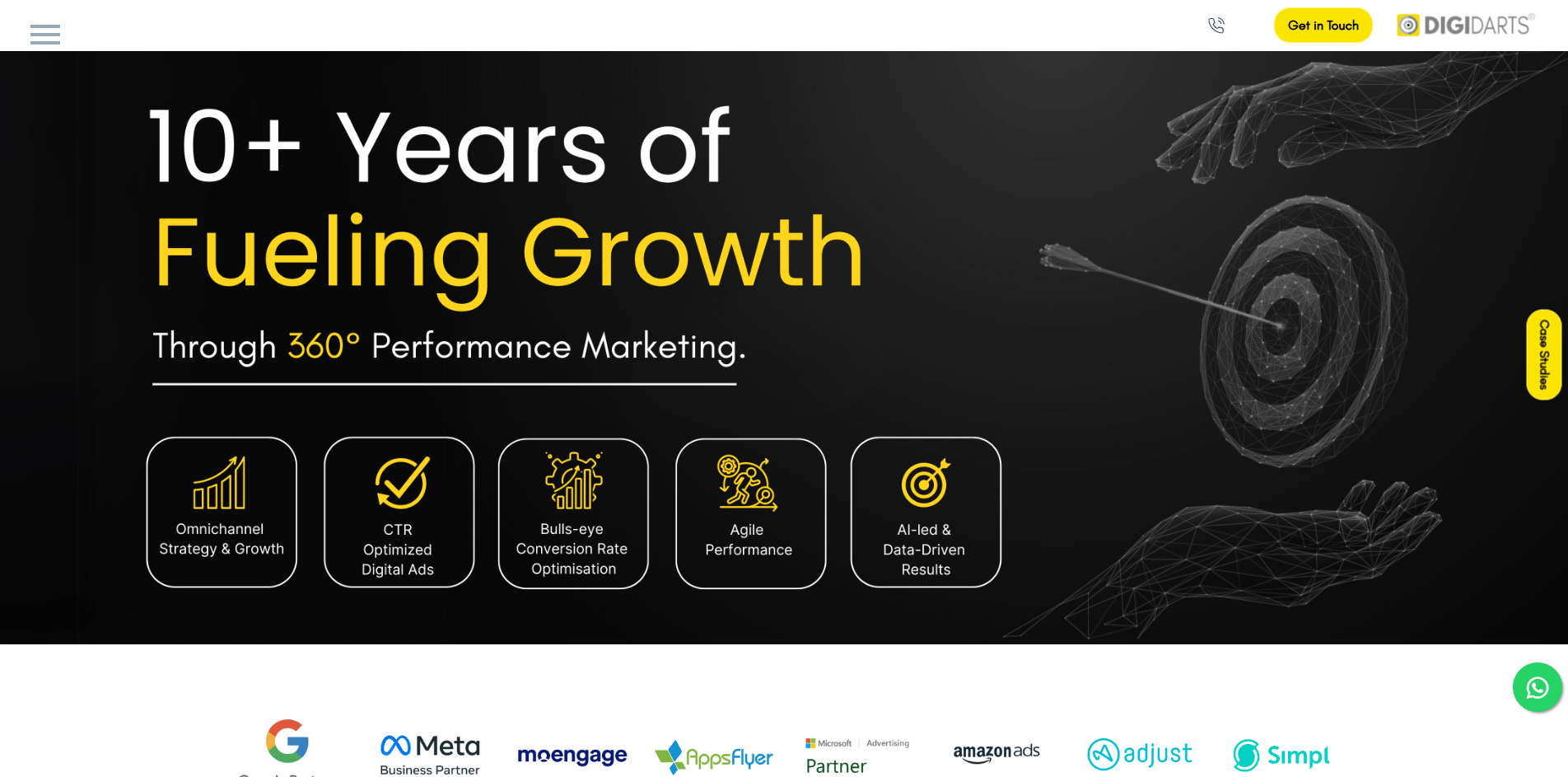 Homepage of DigiDarts digital marketing agency showcasing "10+ Years of Fueling Growth" through 360° performance marketing with visual icons highlighting omnichannel strategy, CTR-optimized ads, agile performance, and AI-led data-driven results.