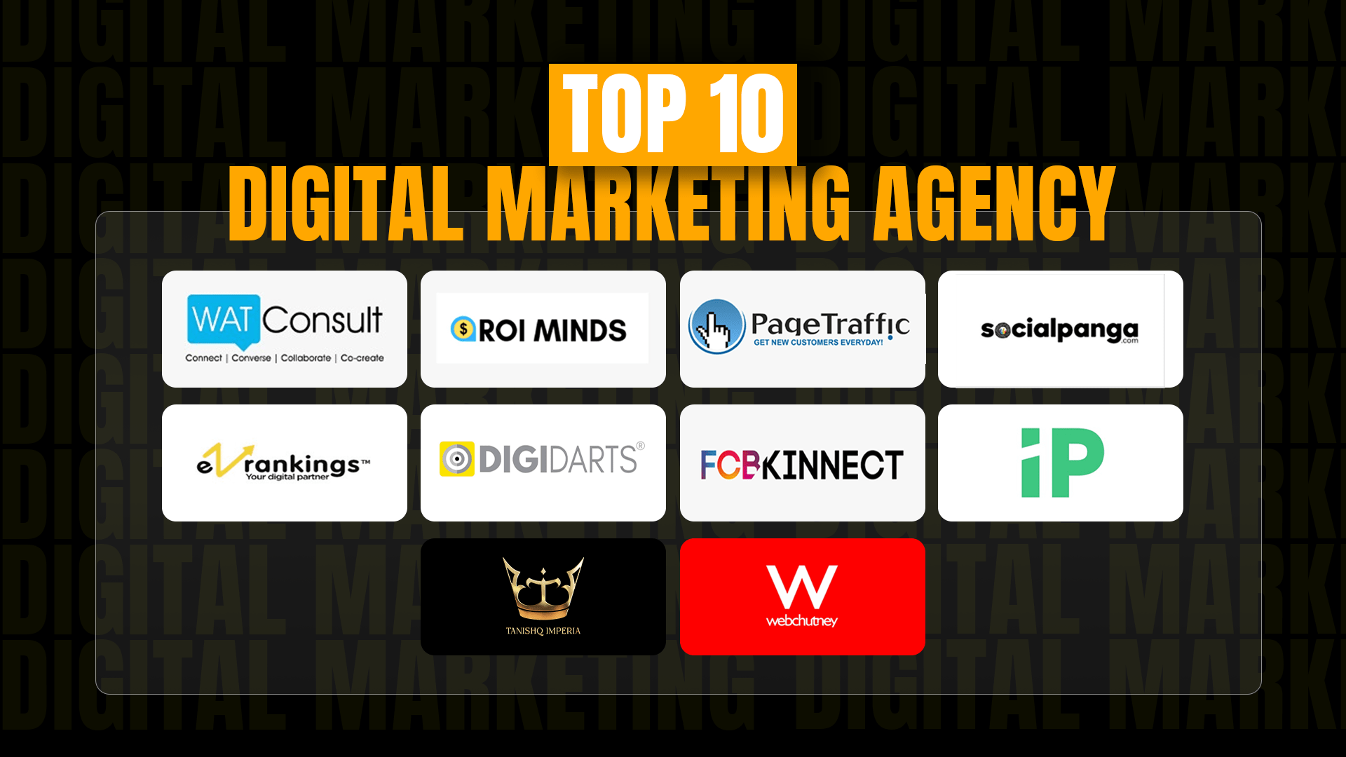 Top 10 Digital Marketing Agencies in India with logos of WATConsult, ROI Minds, PageTraffic, Social Panga, EZ Rankings, Digidarts, FCB Kinnect, iProspect, Tanishq Imperia, and Webchutney